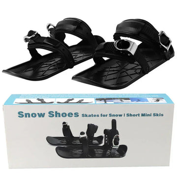 Black plastic snow shoes with adjustable straps, short mini ski design for snow skating.