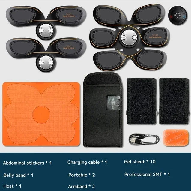 Black and orange electronic muscle stimulator set with gel pads, charging cable, and accessories.