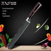 Serrated 8 inch bread knife with dark wooden handle, displayed on black background with vegetables.