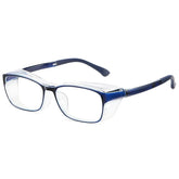 Blue and clear rectangular eyeglasses with thick acetate frame, modern unisex style