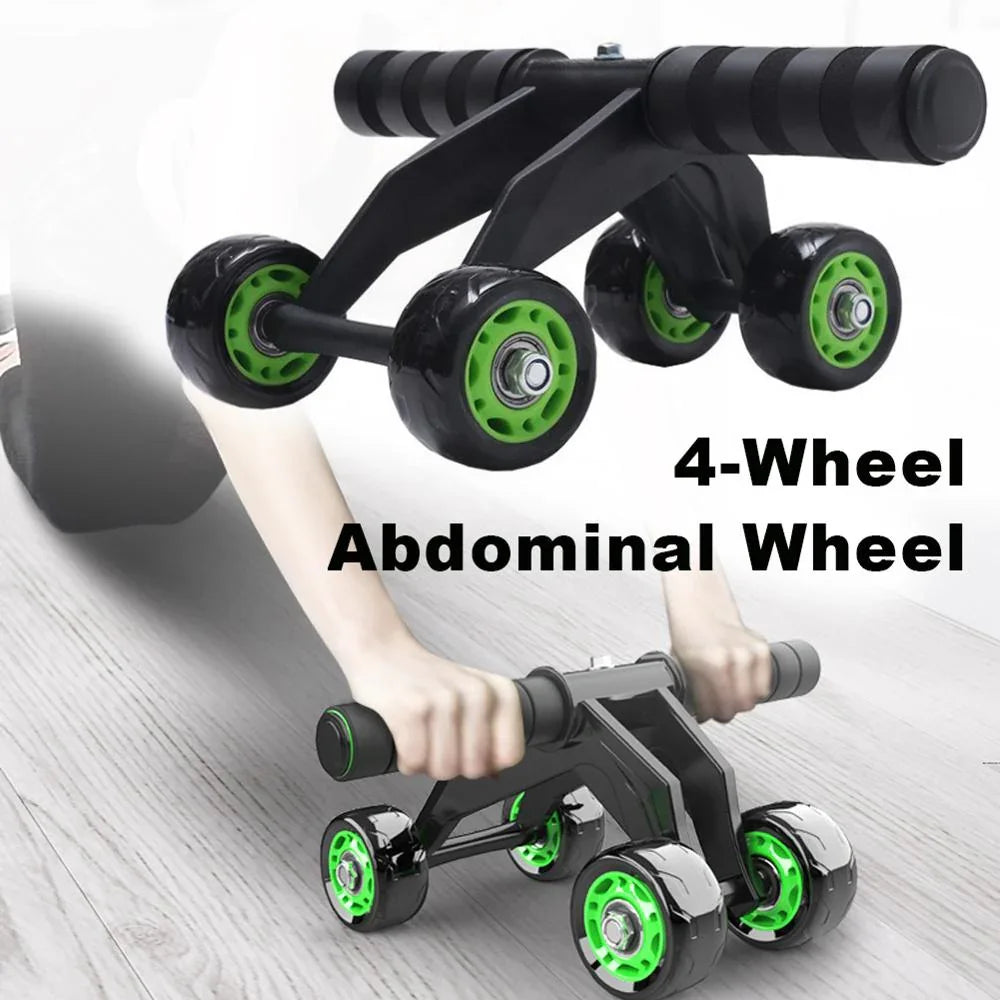 Black and green four-wheel ab roller with foam handles for core workouts on wood floor