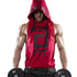 Red sleeveless muscle hoodie with black graphic print, athletic fit, lightweight material