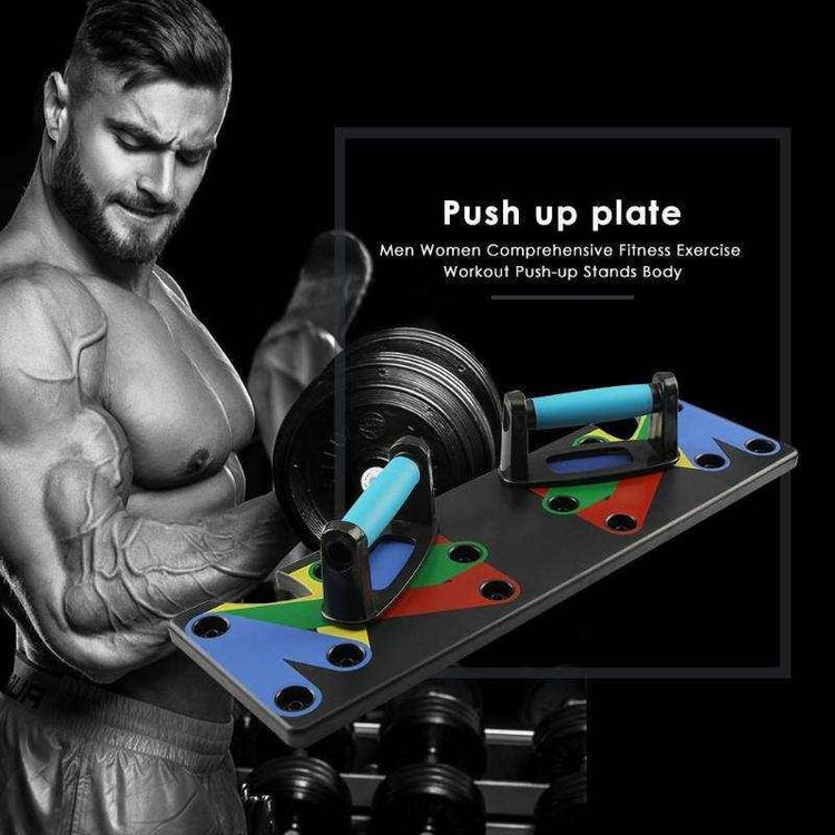 Muscular man using a black push-up board with colorful grip zones and foam handles, fitness setting