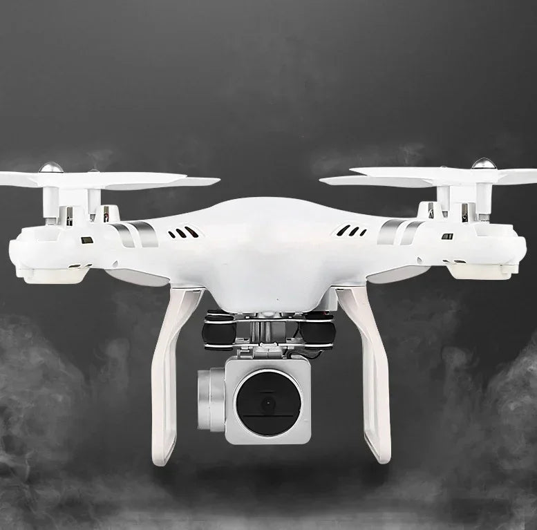 White quadcopter drone with camera, sleek plastic body, flying against a dark backdrop