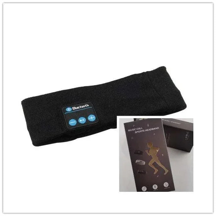 Black Bluetooth sports headband with integrated control panel, soft stretch fabric, tech accessory