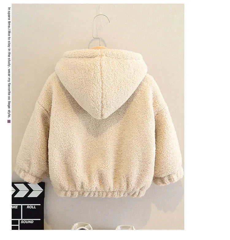 Beige sherpa fleece hoodie jacket with hood, plush material, relaxed fit, displayed on hanger