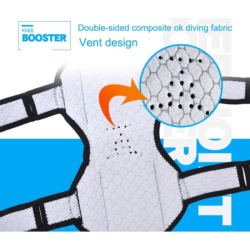 White knee support brace with breathable mesh fabric and adjustable straps, closeup vented design.