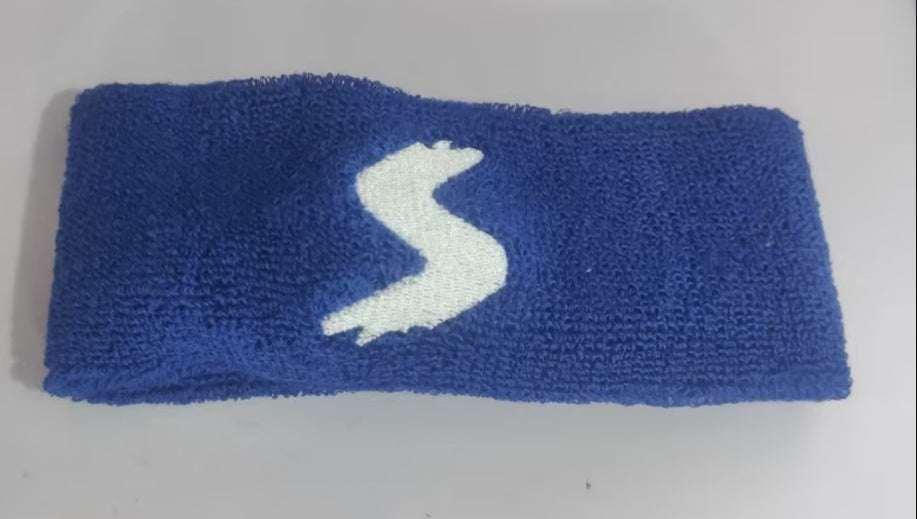 Blue terry cloth headband with white embroidered design, sporty streetwear accessory