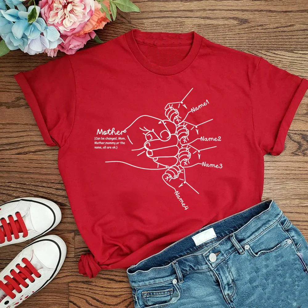 Red graphic tee with white hand illustration, relaxed fit, cotton material, casual streetwear style