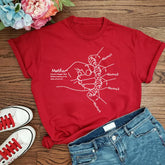 Red graphic tee with white hand illustration, relaxed fit, cotton material, casual streetwear style