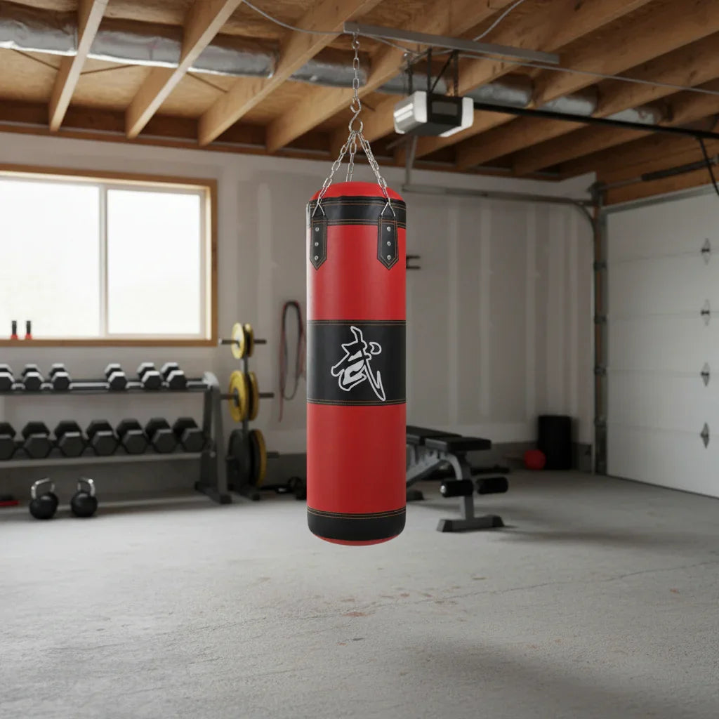 Red leather heavy punching bag with black accents hanging in a home gym setting