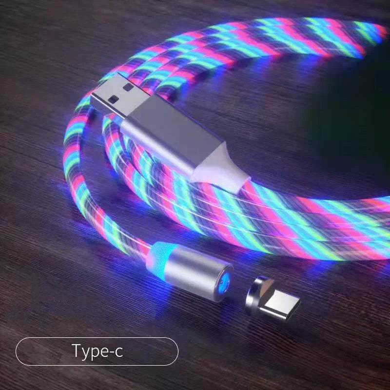 LED glowing USB Type-C charging cable with magnetic connector on a dark surface