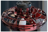 Close-up of a red plastic mini drone with caged propeller and USB charging port