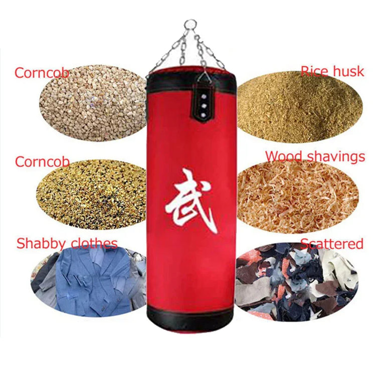Red hanging punching bag with white lettering, showing material filling options including corncob, rice husk, wood shavings, and fabric scraps.