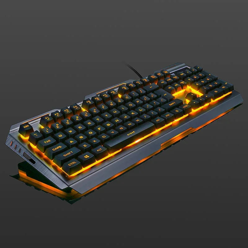Black mechanical keyboard with orange LED backlighting and metallic frame on dark background.