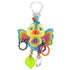 Colorful plush bird baby toy with attached plastic rings and clip, soft fabric wings