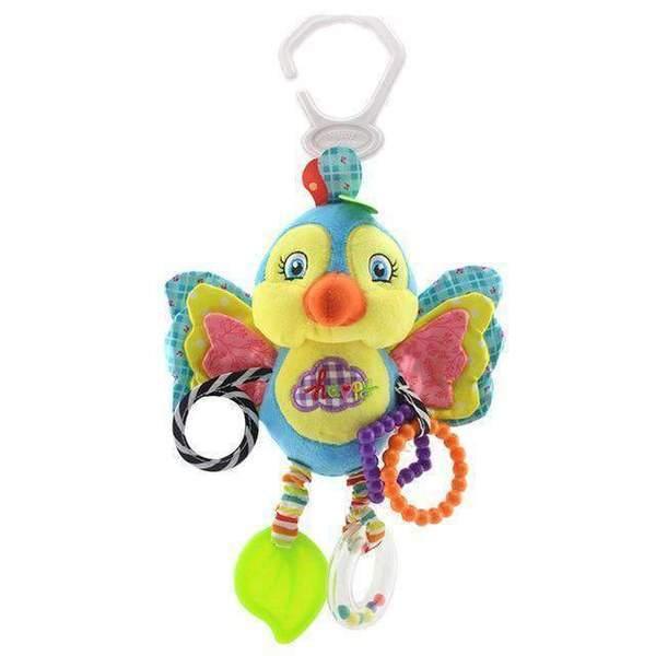 Colorful plush bird baby toy with attached plastic rings and clip, soft fabric wings