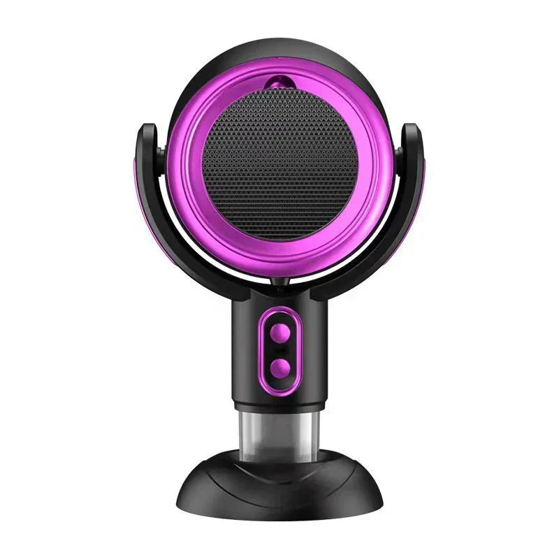 Futuristic black and metallic purple desktop microphone with circular design and stand