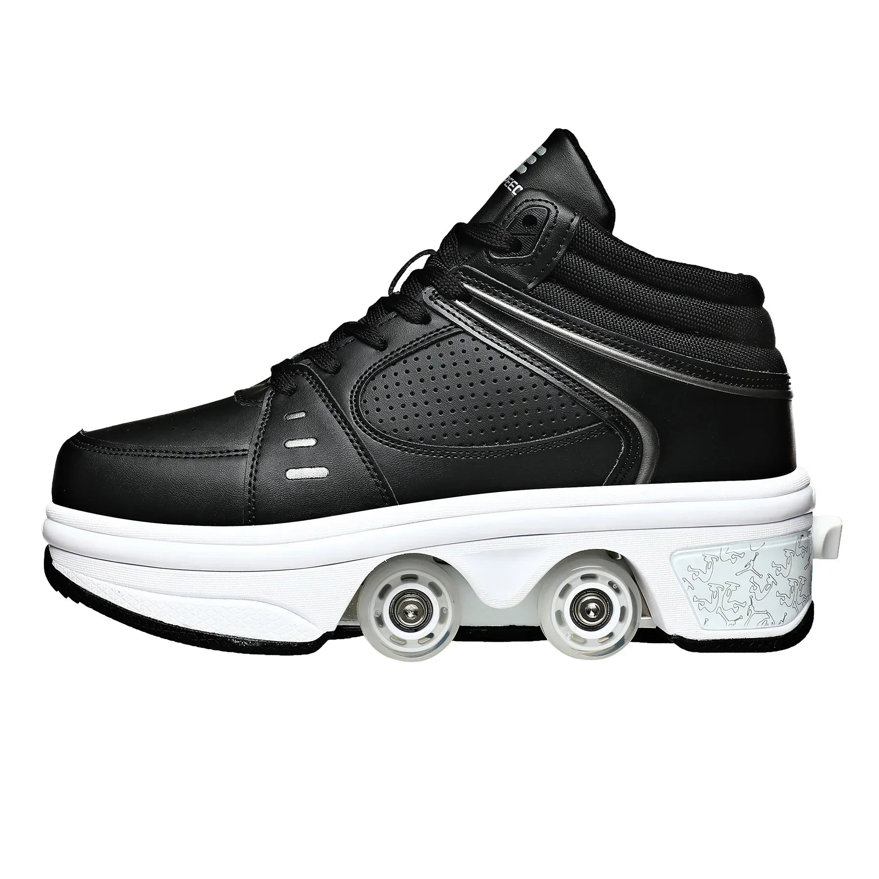Black high-top sneaker with perforated detailing, white sole, and retractable roller wheels