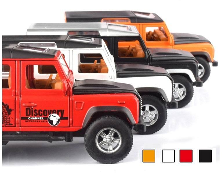 Diecast model SUVs in orange, red, white, and black with visible doors and rugged details.