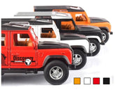 Diecast model SUVs in orange, red, white, and black with visible doors and rugged details.