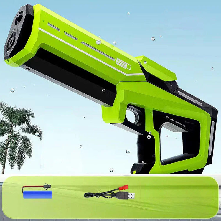 Futuristic green and black water gun with angular design, includes battery and USB charging cable