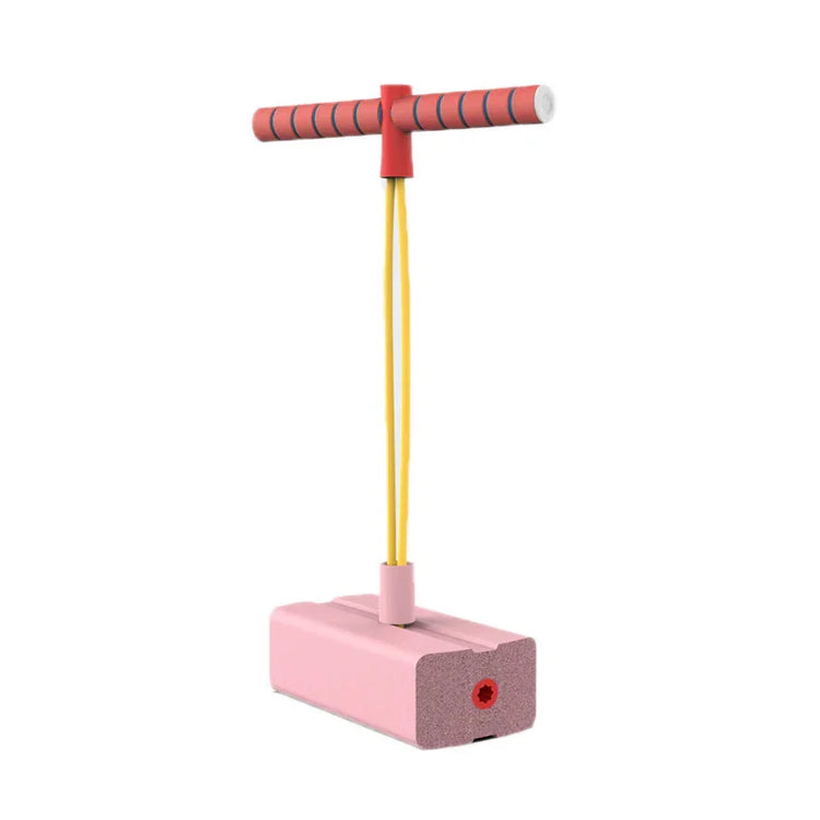 Pink foam pogo jumper with red handle and yellow stretchy cords, lightweight kids toy