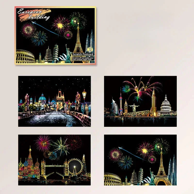 Colorful scratch postcards featuring famous European landmarks and fireworks at night.