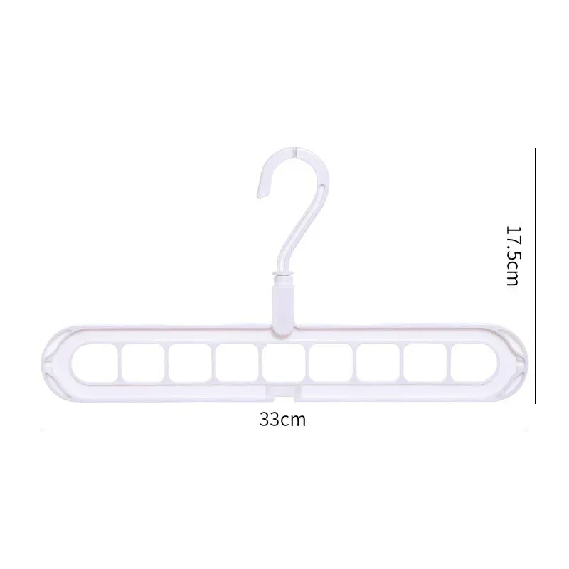 White multi-slot plastic hanger with swivel hook, 33cm wide by 17.5cm high, for closet organization.