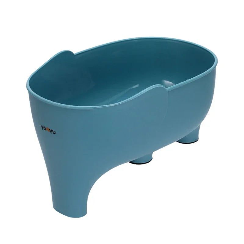 Blue plastic elephant-shaped storage bin with four sturdy legs and smooth finish