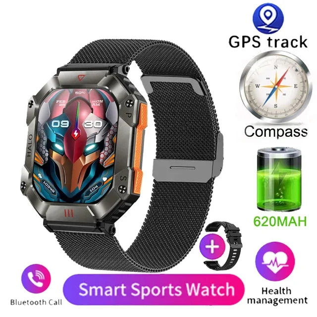 Black mesh band smart sports watch with rugged screen, featuring GPS, compass, and health tracking.