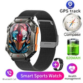 Black mesh band smart sports watch with rugged screen, featuring GPS, compass, and health tracking.