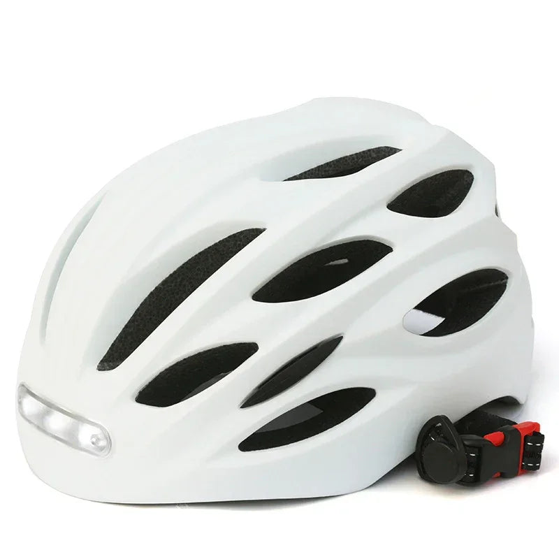 White aerodynamic bike helmet with multiple vents and adjustable strap, matte finish