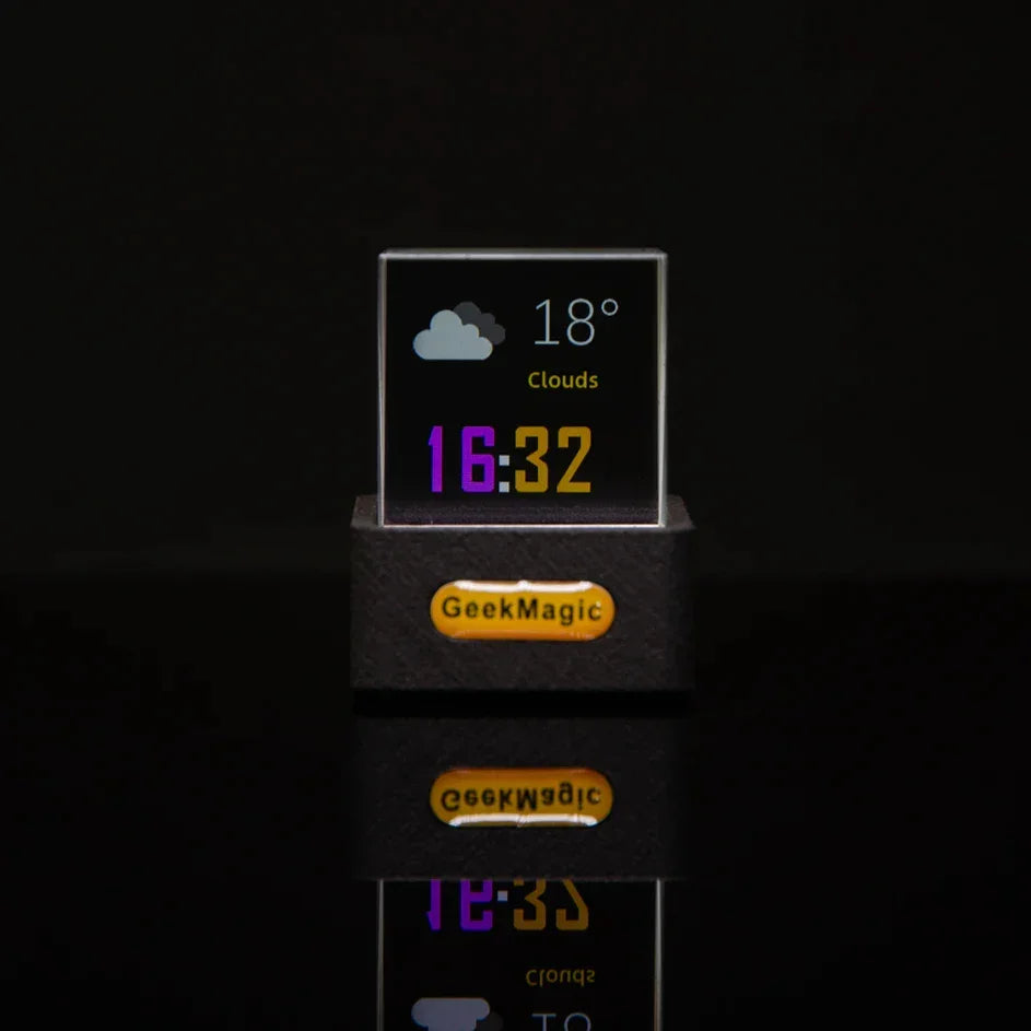 Modern transparent digital desktop clock with weather display, acrylic and LED, minimalist design