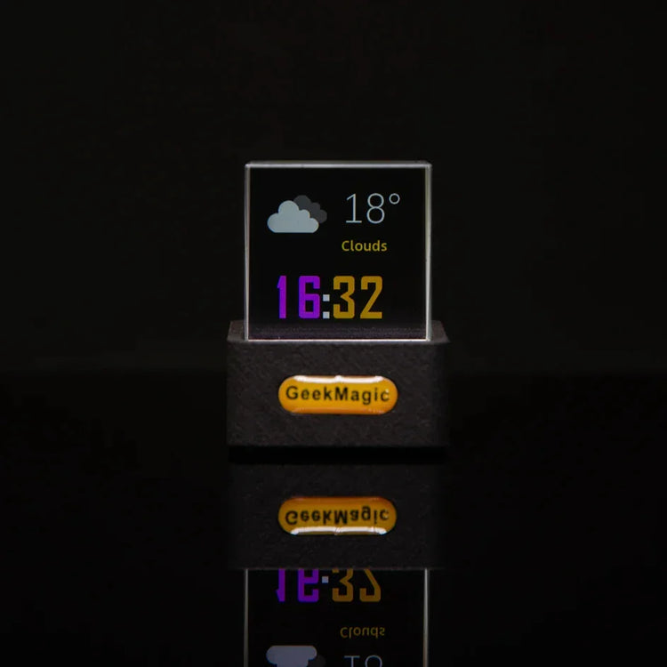Modern transparent digital desktop clock with weather display, acrylic and LED, minimalist design