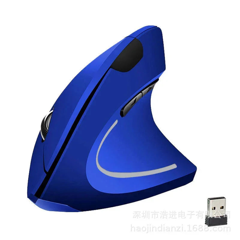 Blue ergonomic vertical wireless mouse with side buttons and USB receiver