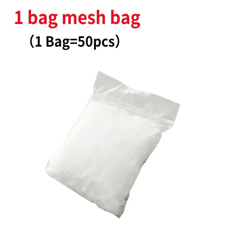 Clear plastic bag containing white mesh fabric pieces, pack of 50 mesh bags