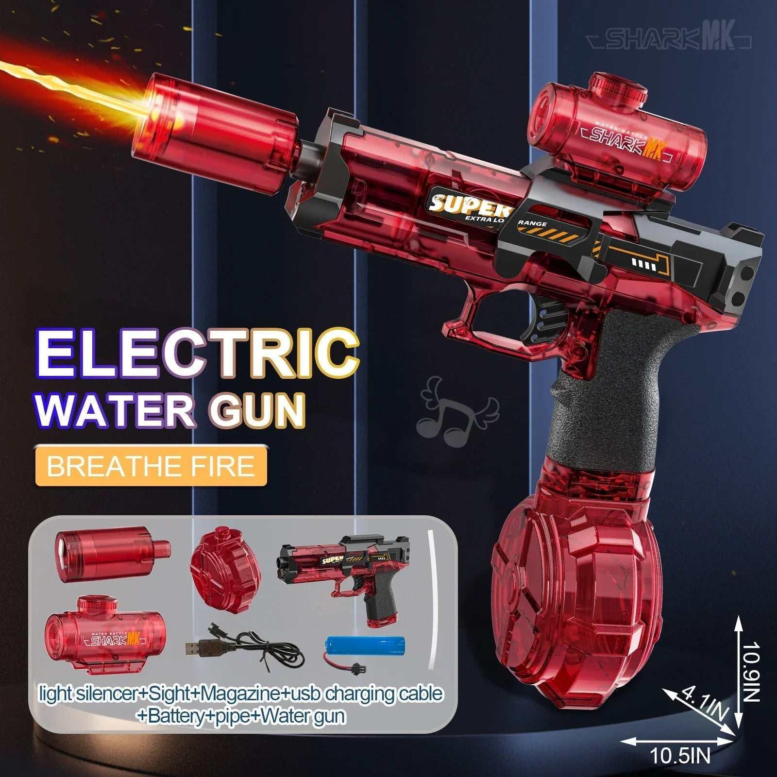 Red electric water gun with black textured grip, transparent plastic body, and removable accessories displayed, including a silencer, sight, magazine, and USB charging cable.