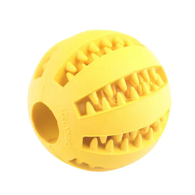 Yellow rubber ball with textured grooves and spikes, durable pet chew toy