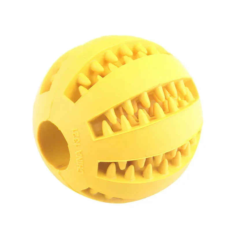 Yellow rubber ball with textured grooves and spikes, durable pet chew toy