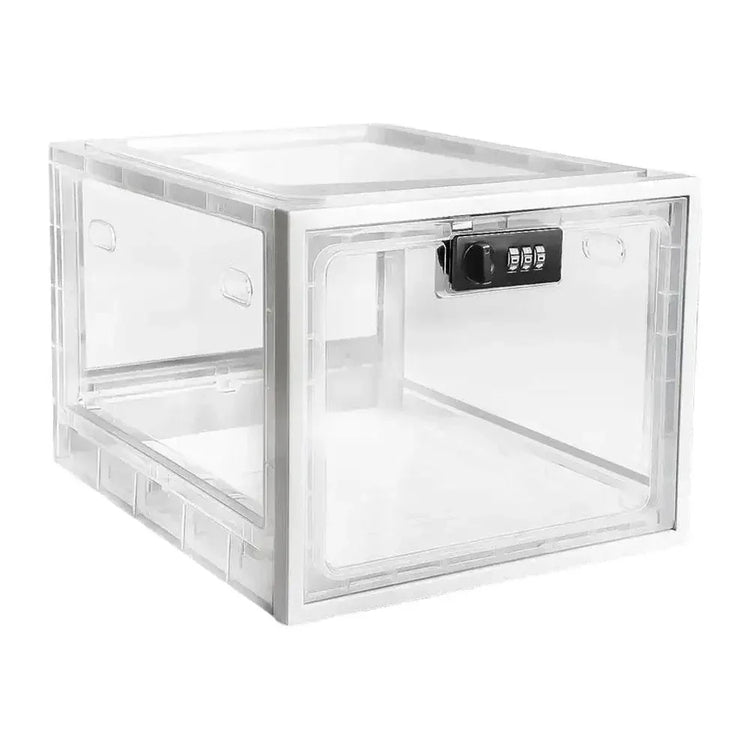 Clear plastic storage box with combination lock, modern minimalist design, rectangular shape