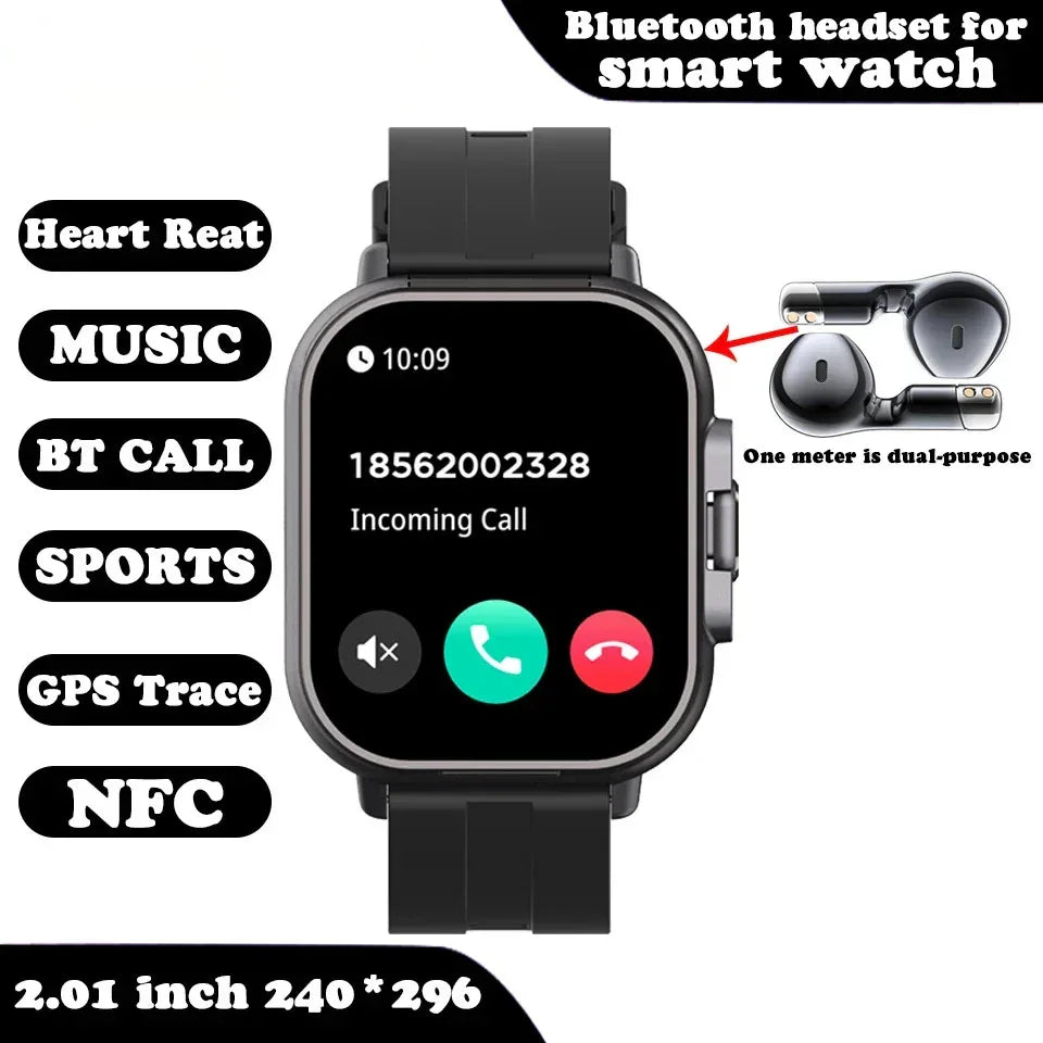 Black smart watch with square display, Bluetooth headset, call, heart rate and fitness features
