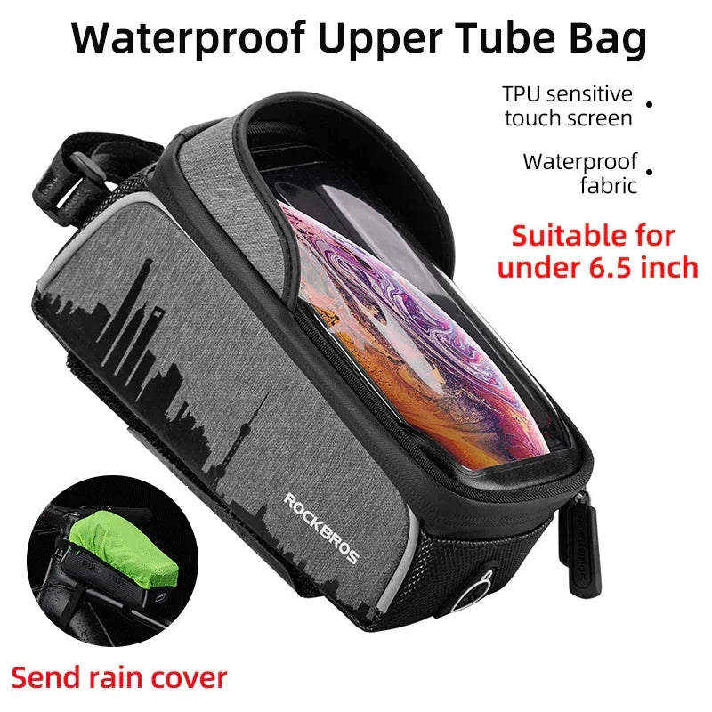 Waterproof grey upper tube bike bag with black trim, TPU touchscreen window, and cityscape print, suitable for phones under 6.5 inches