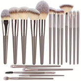 Set of 15 modern makeup brushes with soft synthetic bristles and sleek grey handles.