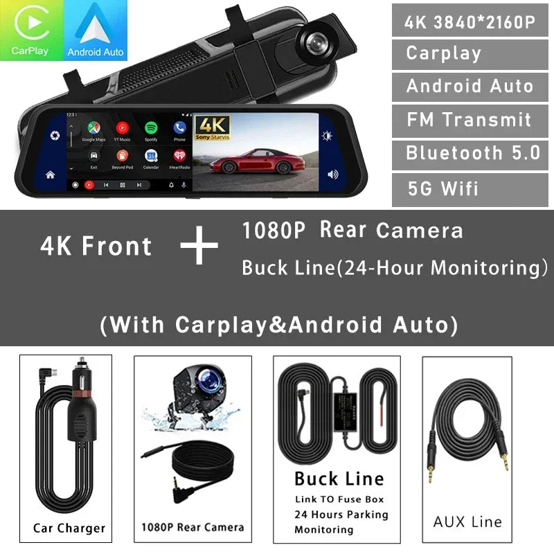 4K front and 1080P rear dash cam set with touchscreen, Carplay, Android Auto, Bluetooth, and accessories