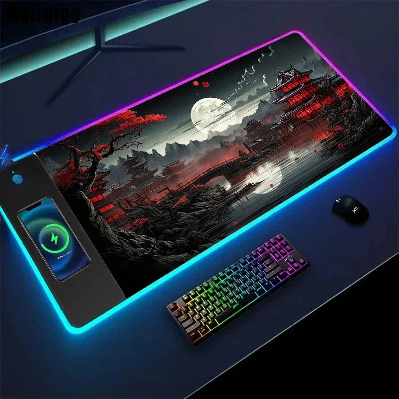 Large RGB LED mouse pad with Japanese landscape design, wireless charging area, and extended smooth surface.