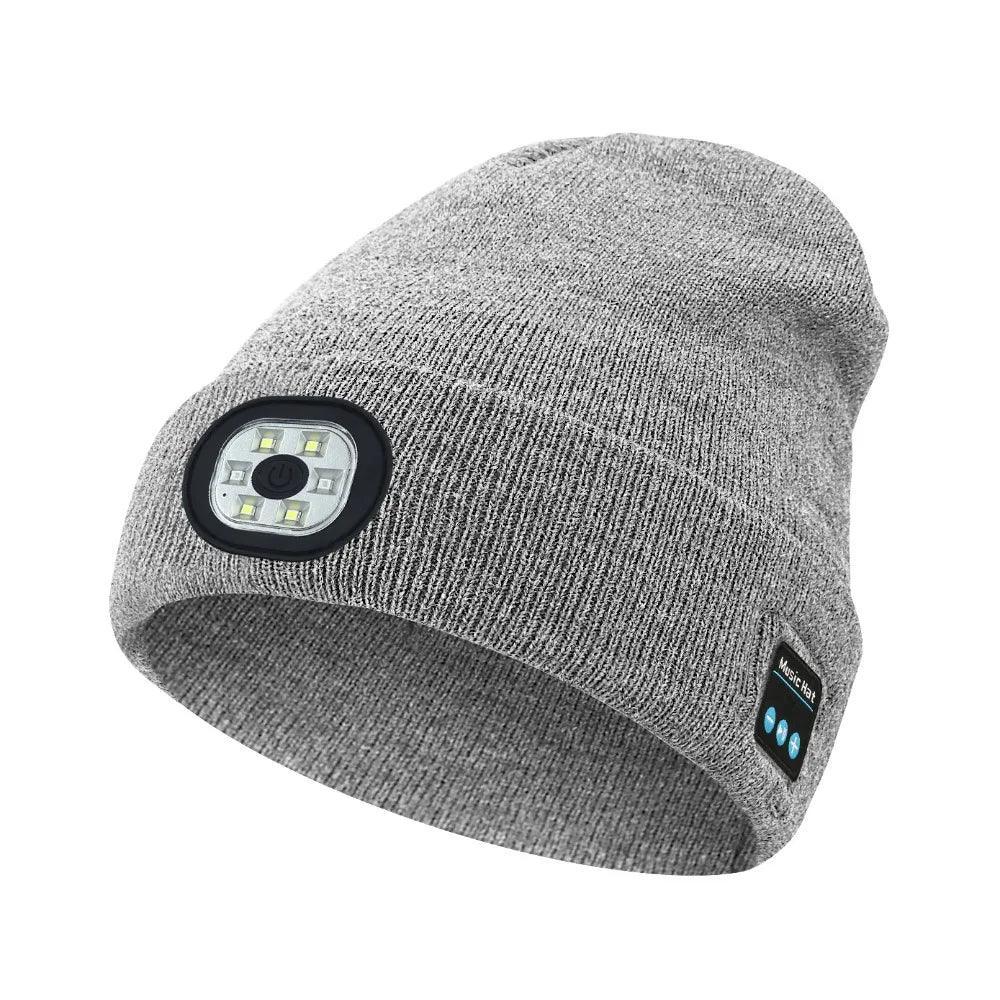 Light grey knit beanie with built-in LED headlamp and tech panel, unisex streetwear style