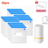 Set of 20 reusable vacuum storage bags with blue zip seals, handheld pump, sealing clip, and charging cable.