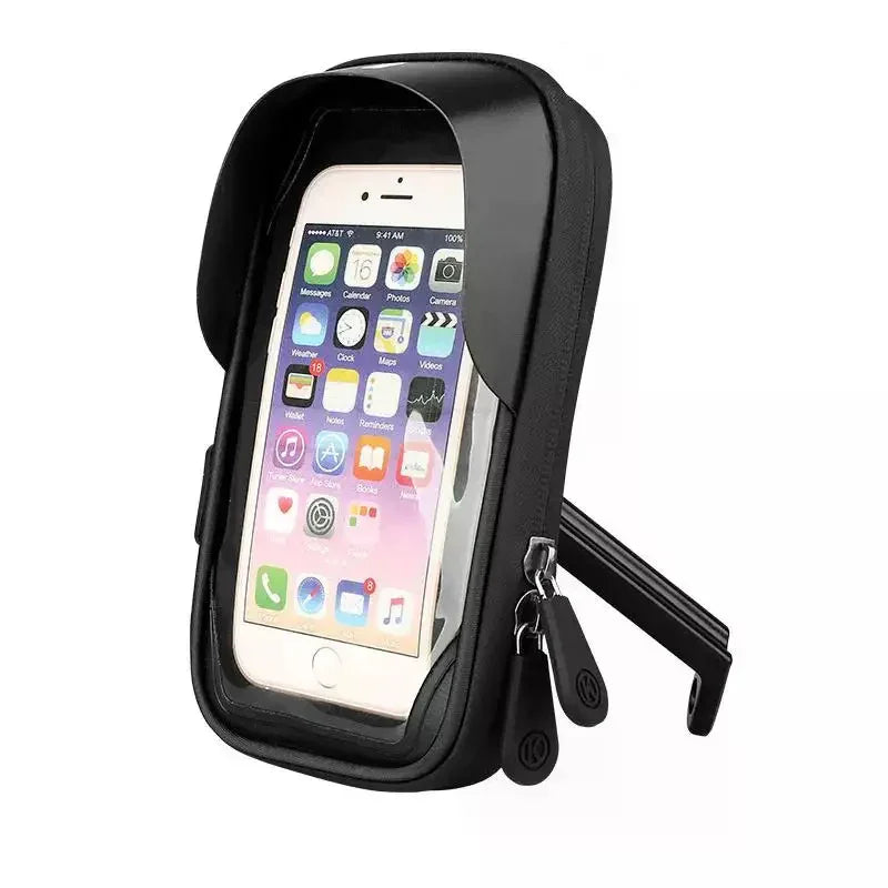 Black waterproof smartphone handlebar bag with clear touchscreen cover and dual zippers