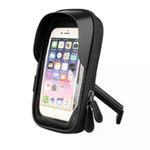 Black waterproof smartphone handlebar bag with clear touchscreen cover and dual zippers